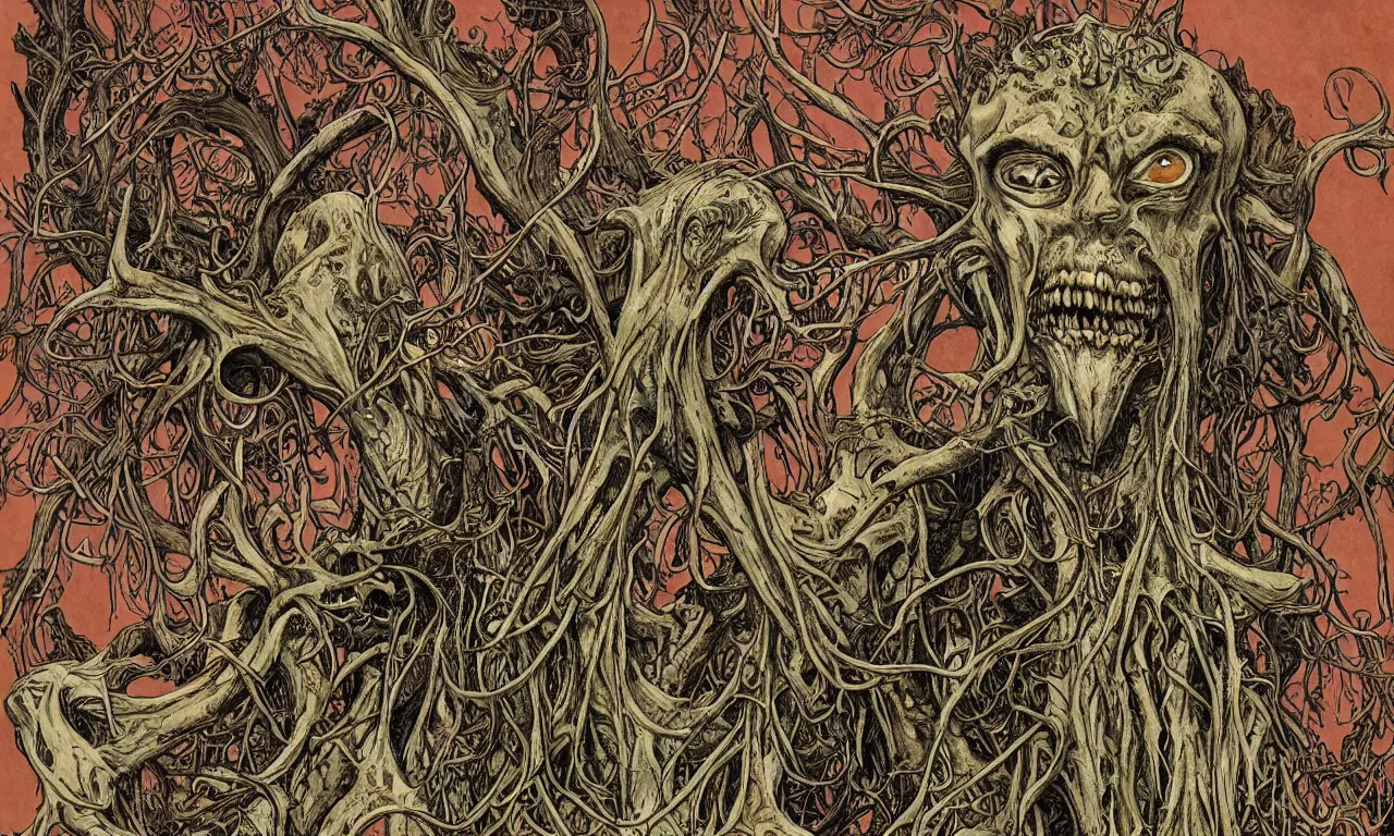 Image similar to hyperdetailed art nouveau portrait of treebeard as a cthulhu eyeball moose skull wendigo cryptid monster, by geof darrow, simon bisley and bill sienkiewicz, grim yet sparkling atmosphere, photorealism, claws, skeleton, antlers, fangs, forest, wild, bizarre, scary, lynn varley, lovern kindzierski, steve oliff