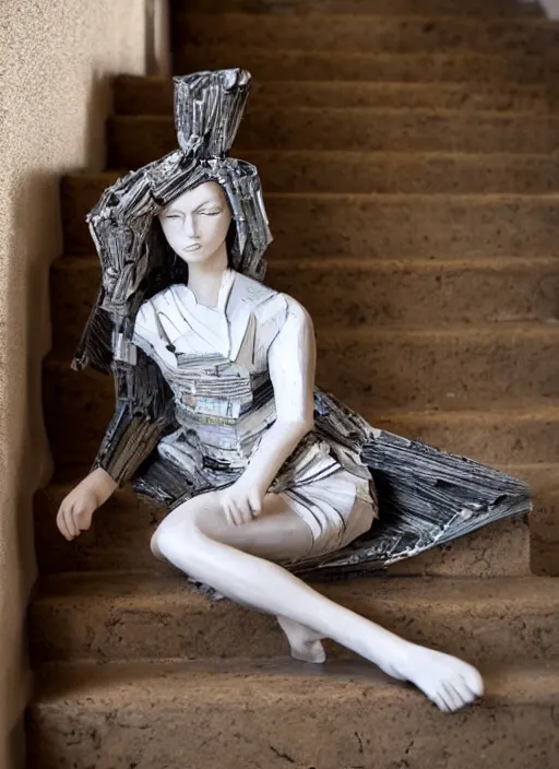 Prompt: a portrait of a beautiful young woman paper mache wrapped and made of newspaper, sitting relax and happy, marble stairs on the the background hyper realistic, 8 k,