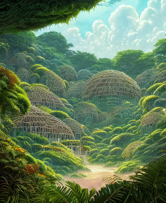 Prompt: an enormous conservatory made from exotic fungus, overgrown with huge weird ferns, on an ocean cliff side, noon, sun drenched, partly cloudy, by dan mumford, yusuke murata, makoto shinkai, ross tran, cinematic, unreal engine, cel shaded, featured on artstation, pixiv
