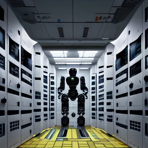 Image similar to a digital art of robot power armor in server room by simon stalenhag character design, robot in data center, trending on artstation, 8 k, ultra wide angle, zenith view, pincushion lens effect