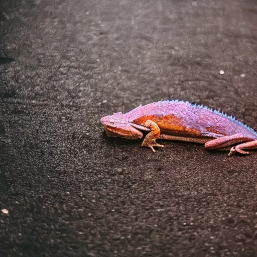 Prompt: a high quality low wide angle photo of a chameleon on the streets of a cyberpunk city, rainy, reflective ground, neon lights, realism, 8k