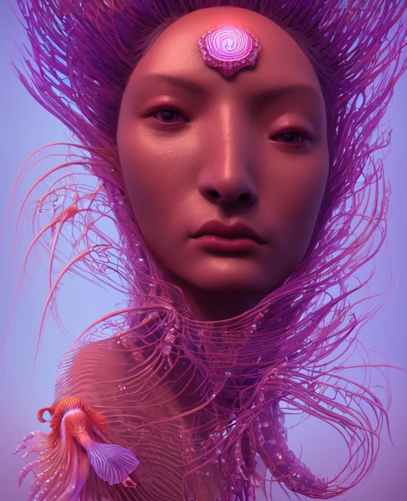 Image similar to goddess close-up portrait. orchid jellyfish phoenix head, nautilus, skull, betta fish, bioluminiscent creatures, intricate artwork by Tooth Wu and wlop and beeple. octane render, trending on artstation, greg rutkowski very coherent symmetrical artwork. cinematic, hyper realism, high detail, octane render, 8k