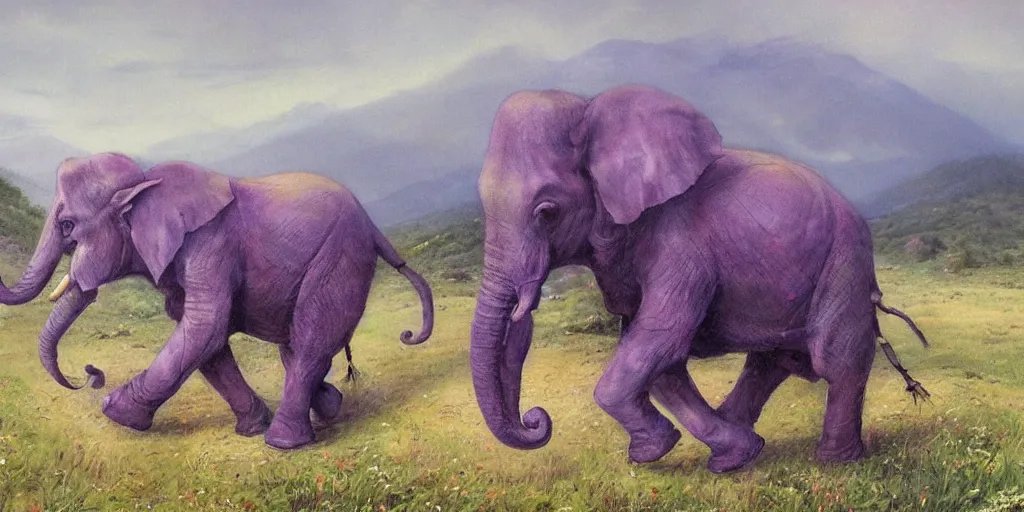 Prompt: purple coloured elephant running, raining, mountain, behind meadow, menacing, illustration, detailed, smooth, soft, cold, by Adolf Lachman, Shaun Tan, Surrealism