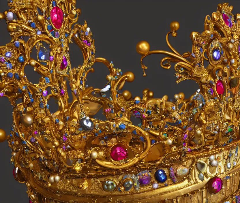 Image similar to Still life photo studio, golden crown adorned with multicolored gems, hyperdetailed, unreal engine, 8k