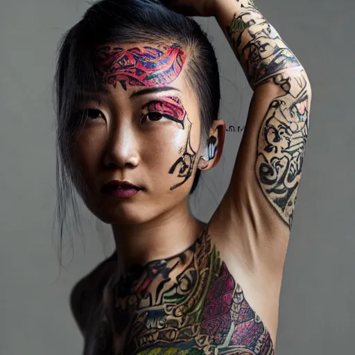 Prompt: 8 k award winning portrait photo of an asian beauty with tribal tattoos
