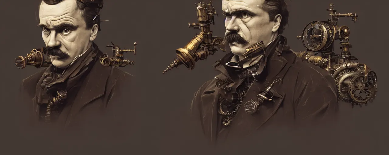 Image similar to duotone dark concept illustration 3 / 4 portrait of friedrich nietzsche as steampunk cyborg. highly detailed mechanism cinematic lighting. fibonacci golden ratio accidental renaissance. by sachin teng and sergey kolesov and ruan jia and heng z. graffiti art, scifi, fantasy, hyper detailed. octane render. concept art. trending on artstation