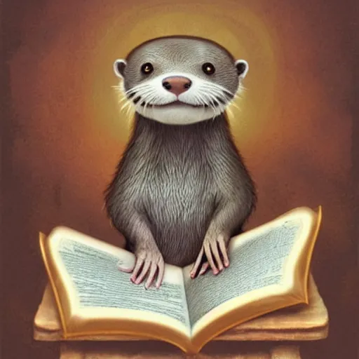 Prompt: an otter monk cleric reading his book, fantasy concept art by nicoletta ceccoli, mark ryden, lostfish, max fleischer