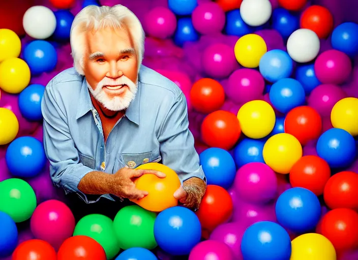 Image similar to photo still of kenny rogers in a ball pit filled with fried chicken!!!!!!!! at age 4 6 years old 4 6 years of age!!!!!!!! hiding from parents, 8 k, 8 5 mm f 1. 8, studio lighting, rim light, right side key light