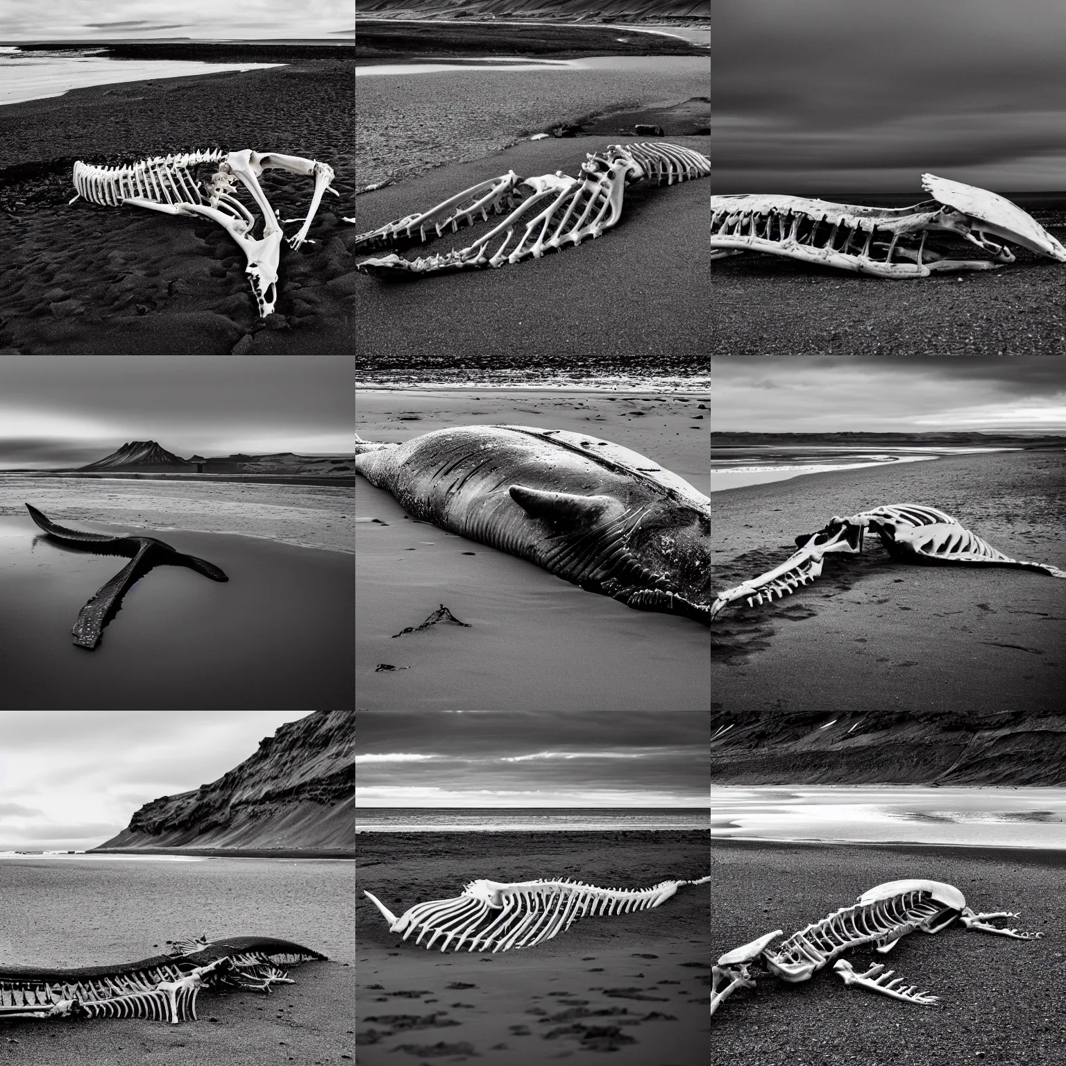 Prompt: Whale skeleton stranded in a beach in Iceland, Sigma 28mm, photography
