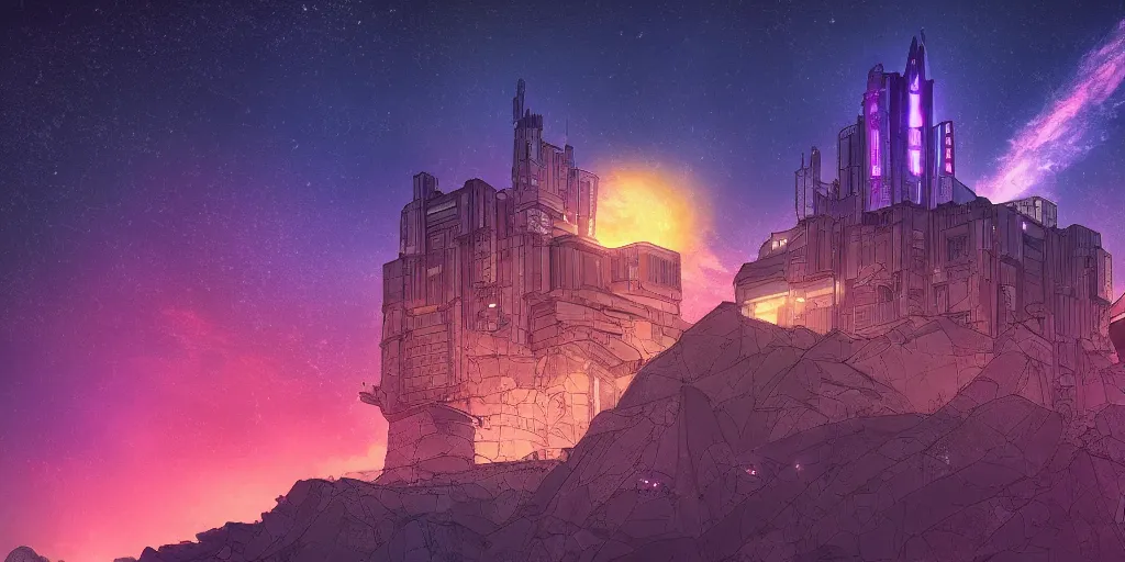 Image similar to stone castle in the style of cyberpunk and a glow ontop of a mountain, space sky, anime illustration,