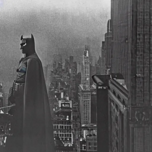 Image similar to old black and white photo, 1 9 1 3, depicting batman from dark knight on top of buildings of new york city, rule of thirds, historical record