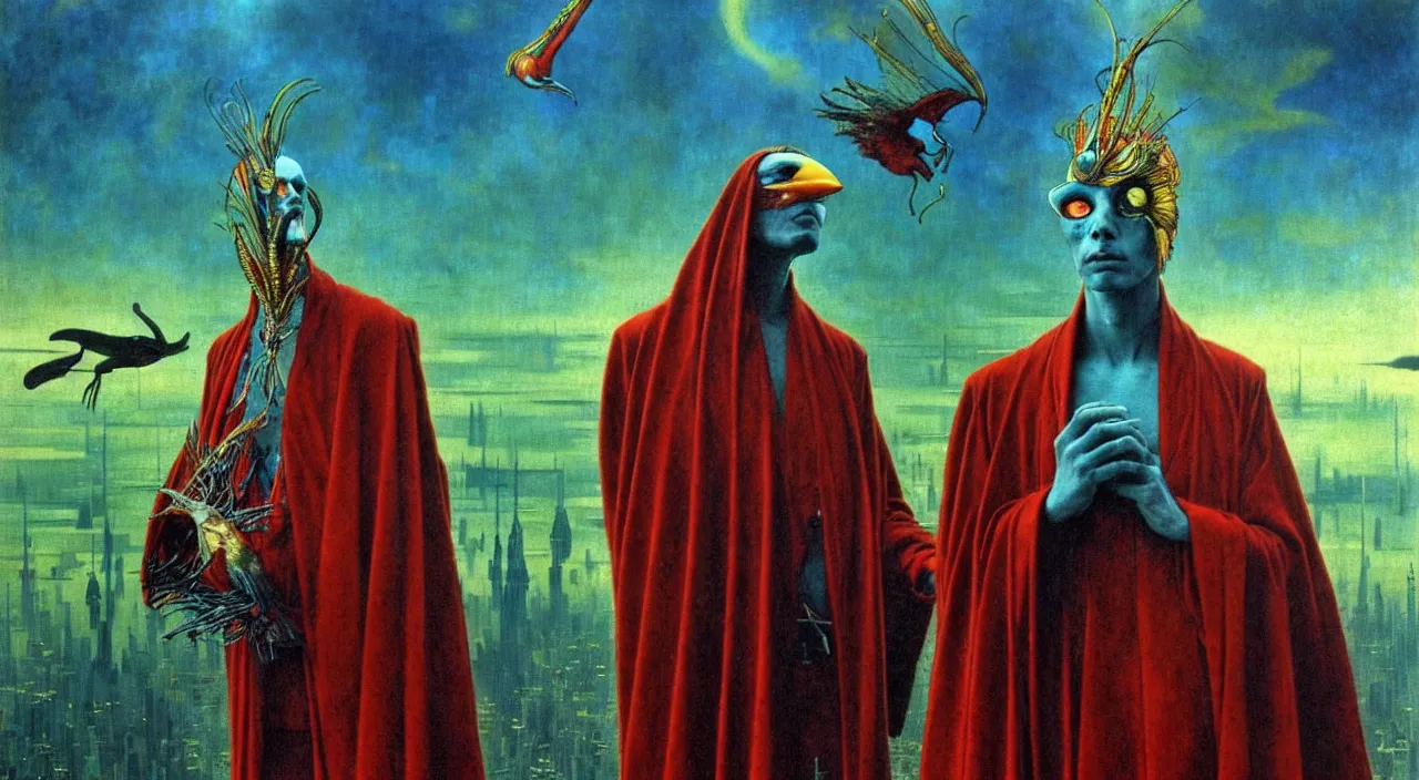 Image similar to realistic detailed portrait movie shot of a birdman wearing dark robes, sci fi city landscape background by denis villeneuve, amano, yves tanguy, alphonse mucha, ernst haeckel, max ernst, roger dean, masterpiece, rich moody colours, blue eyes, occult