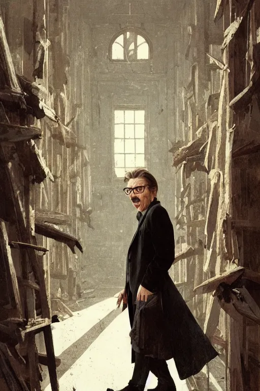 Image similar to portrait of gary oldman as a giant vampire, room of old hut in background, illustration by norman rockwell and greg rutkowski
