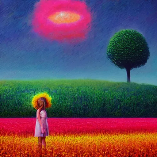 Image similar to huge flower head, girl standing in flower field, surreal photography, big trees, sunrise dramatic light, impressionist painting, colorful clouds, digital painting, pointillism, artstation, simon stalenhag