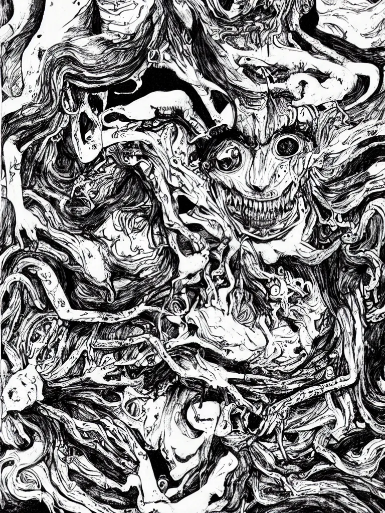 Image similar to black and white illustration creative design junji ito body horror monster