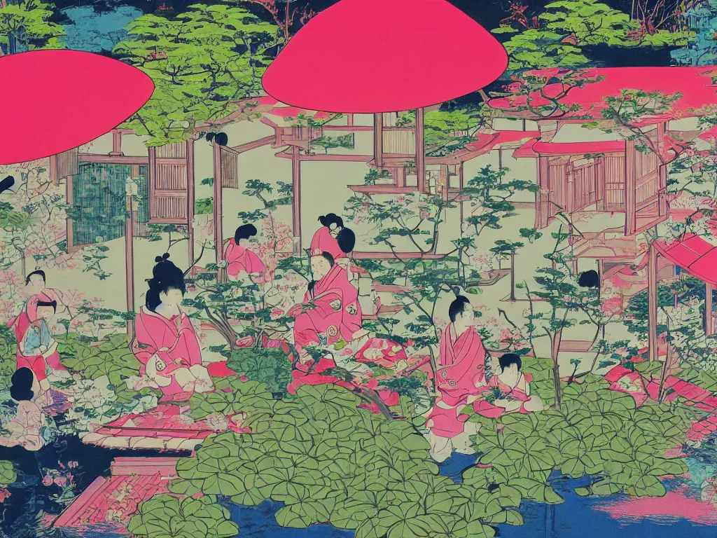 Image similar to image of a traditional japanese house with a garden, a pond in the garden, pink children are sitting around it, a combination of pop art and traditional japanese painting styles, the style of andy warhol, roy lichtenstein and jackie tsai, bright palette, acrylic on canvas