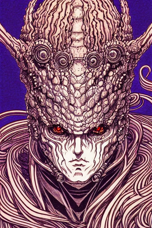 Image similar to illustration of old wrinkly demon that causes earthquakes, rock themed, intricate linework, in the style of moebius, ayami kojima, 1 9 9 0's anime, retro fantasy