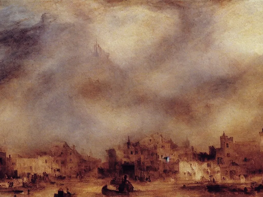 Image similar to sandstorm in the old village. Painting by Turner, Bosch