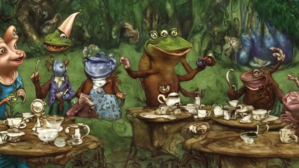 Prompt: A movie screenshot of frogs and toads (by Brian Froud) having tea with Alice in Wonderland, directed by Francis Ford Coppola, cinematic, balanced composition, whimsical.