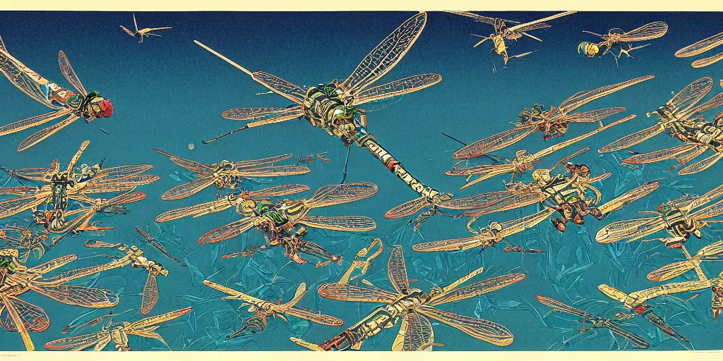 Image similar to gigantic dragonflies, tiny robots, a lot of exotic mecha robots around, human heads everywhere, risograph by kawase hasui, satoshi kon and moebius, 2 d gouache illustration, omnious, intricate, swimming pools and ice, fullshot