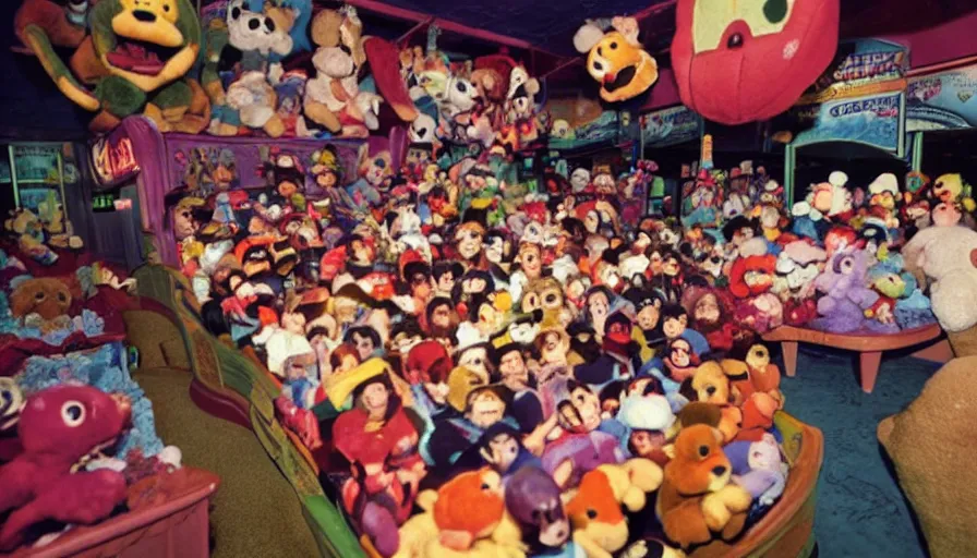 Image similar to 1990s photo of inside the Haunted Beanie Babies ride at Universal Studios in Orlando, Florida, people riding a Beanie Baby through a haunted Stuffed animal world world , cinematic, UHD