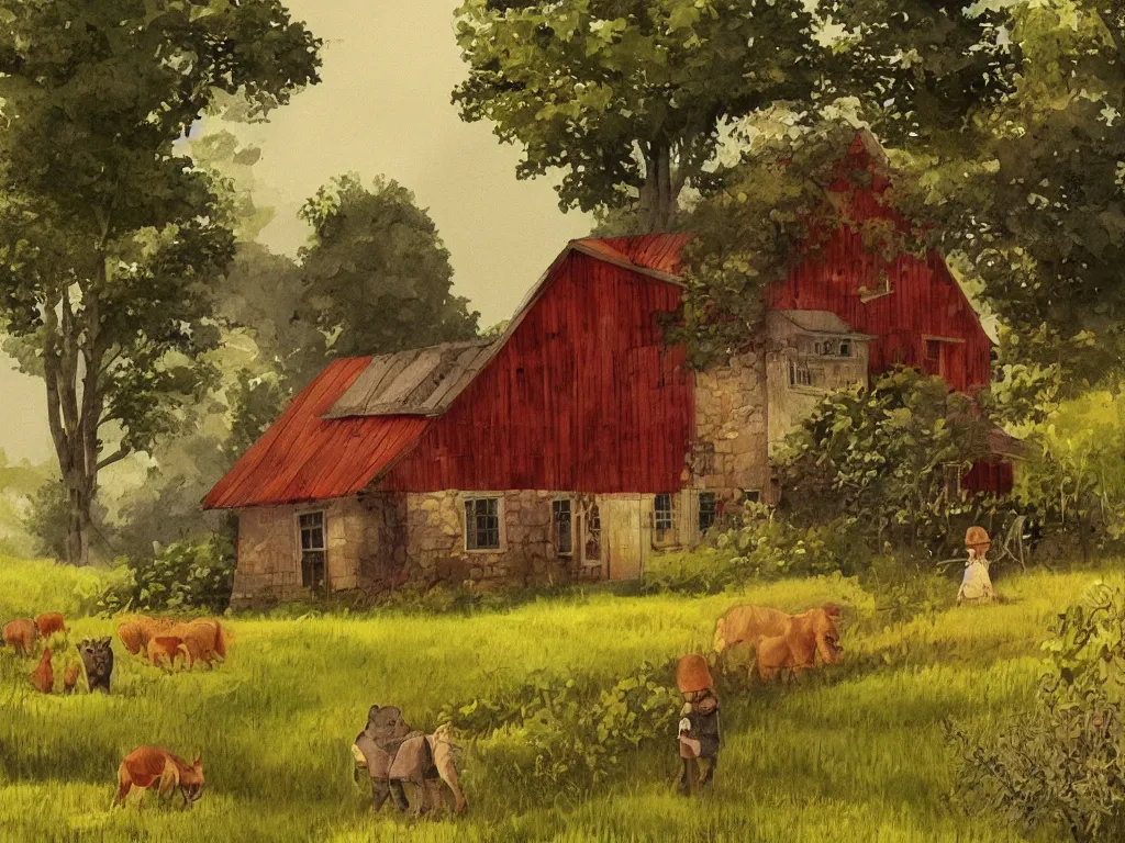 Prompt: a wonderful childrens book illustration of a farm house in the countryside, art by dan gartman, behance, aesthetically pleasing and harmonious warm natural colors