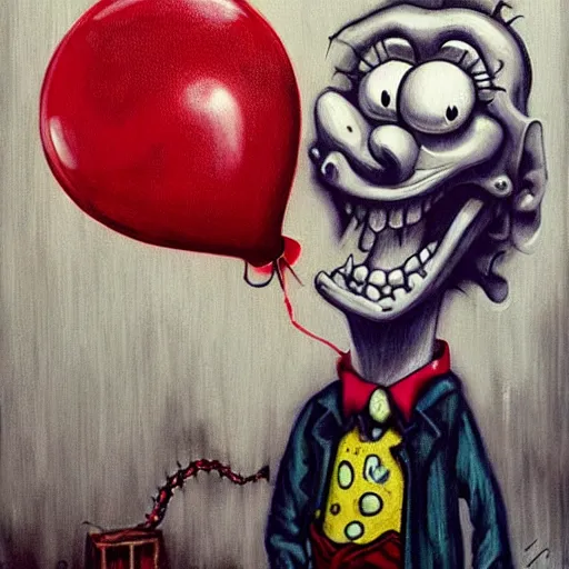 Image similar to grunge painting of spongebob with a wide smile and a red balloon by chris leib, loony toons style, pennywise style, corpse bride style, horror theme, detailed, elegant, intricate