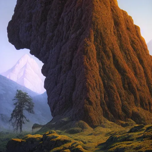 Image similar to tall rocky mountain painting by artist zdzislaw beksinski, 8k octane render, hyper realistic, unreal engine