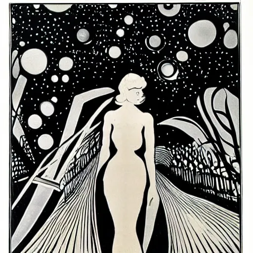 Image similar to beautiful blonde woman in german expressionism film playing large moog!!! synthesizer under stars, style of aubrey beardsley