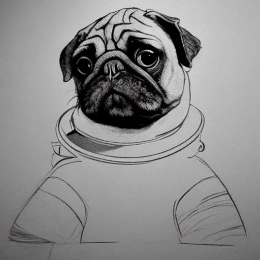 Prompt: pencil art, golden - ratio, spirals, highly detailed, astronaut pug in outer space by davinci.