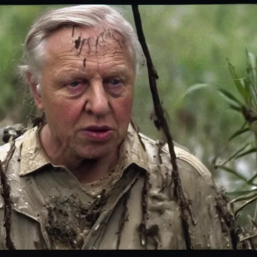 Prompt: film still of sir david attenborough as major dutch, covered in mud and hiding from the predator predator predator in swamp scene in 1 9 8 7 movie predator, hd, 4 k