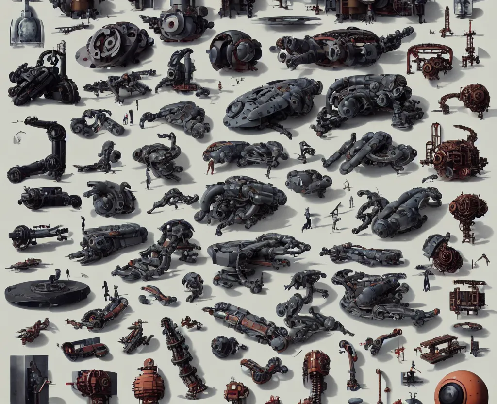 Image similar to collection exploration form shapes, katsuhiro otomo, robot arms, props, hard surface, panel, simon stalenhag, kitbash, items, big, close up shot, futuristic, parts, machinery, greebles, insanely detailed, case, hardware, golden ratio, wes anderson color scheme, in watercolor gouache detailed paintings, sleek design