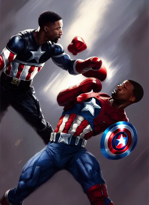 Image similar to Micheal B Jordan punching captain america in the face, Captain America is Chris Evans, realistic, detailed, 4k by Greg Rutkowski, Mark Arian trending on artstation