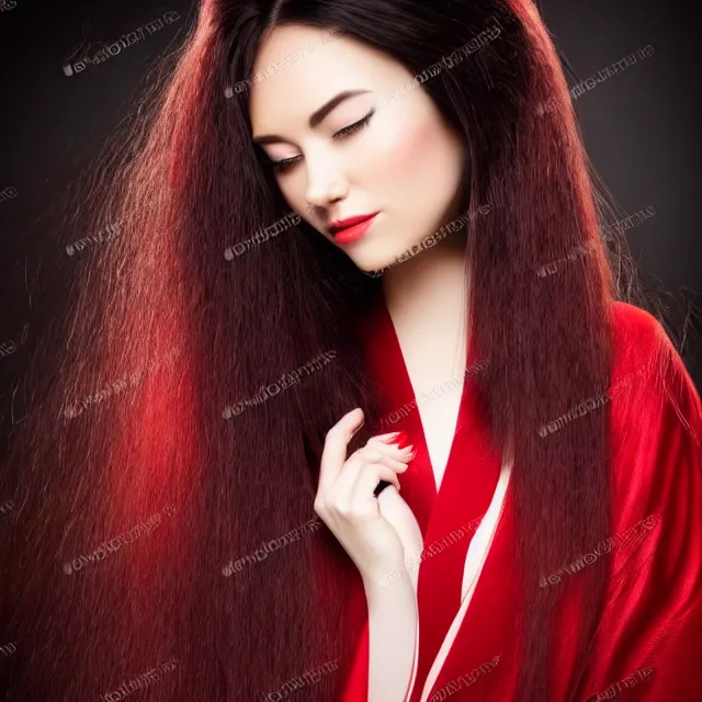 Prompt: ethereal beautiful woman with long flowing hair in a dark red kimono