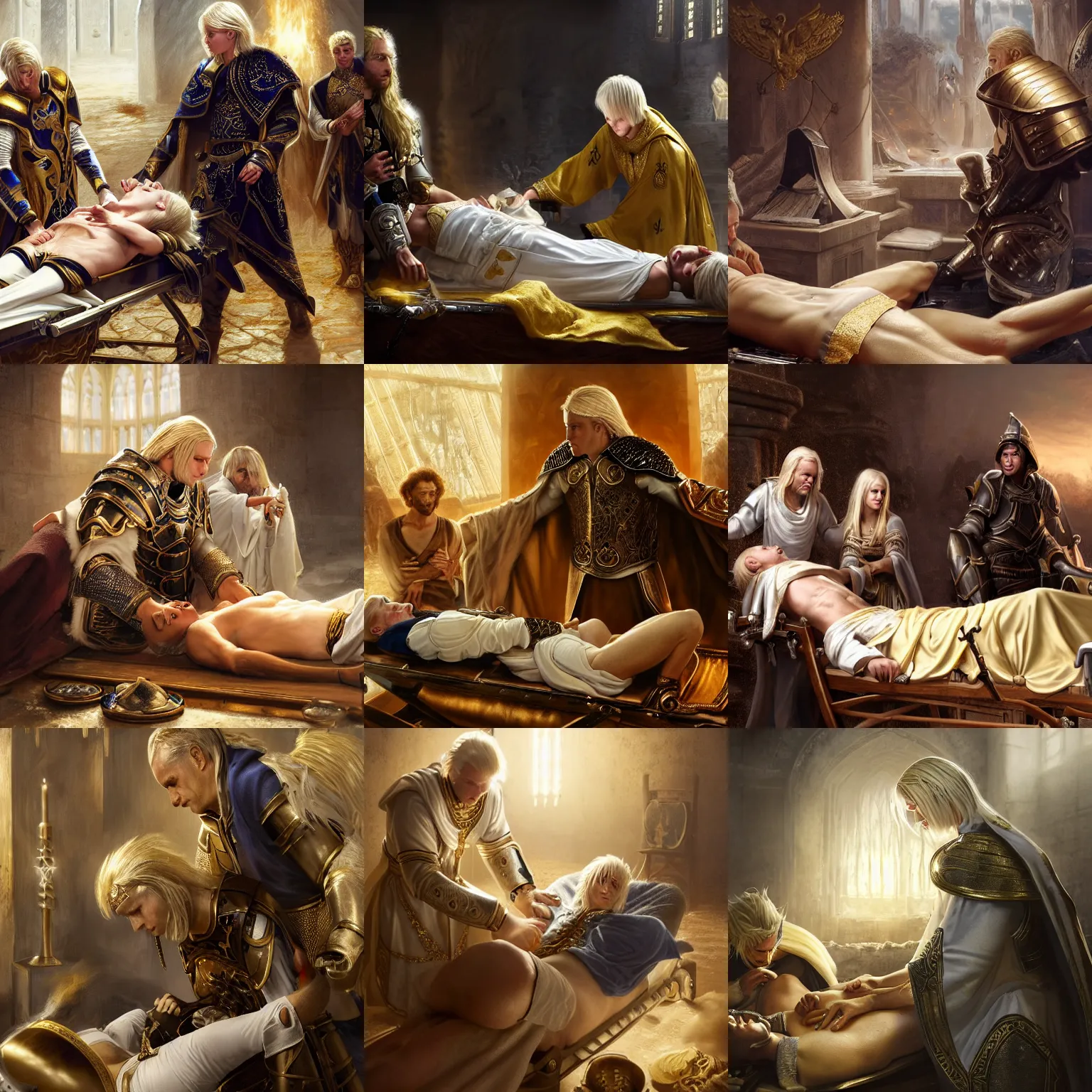 Prompt: extreme closeup portrait of an aasimar man with platinum blonde hair wearing white and gold and black vestments under armor healing a wounded soldier in armor on a stretcher with golden holy magic in war camp, detailed, realistic, Greg Rutkowski, 4k, pensive, dungeons and dragons, golden golden golden magic