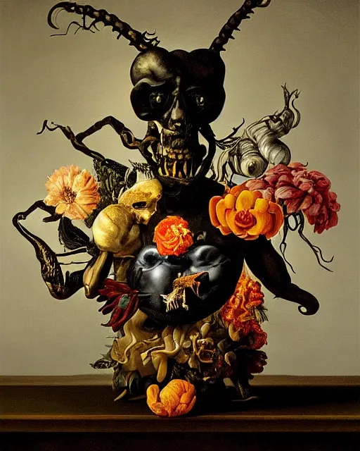 Image similar to refined gorgeous blended oil painting with black background by christian rex van minnen rachel ruysch dali todd schorr of a chiaroscuro portrait of an extremely bizarre disturbing mutated man made of still life flowers and rubber insects with shiny skin acne dutch golden age vanitas intense chiaroscuro cast shadows obscuring features dramatic lighting perfect symmetry perfect composition masterpiece