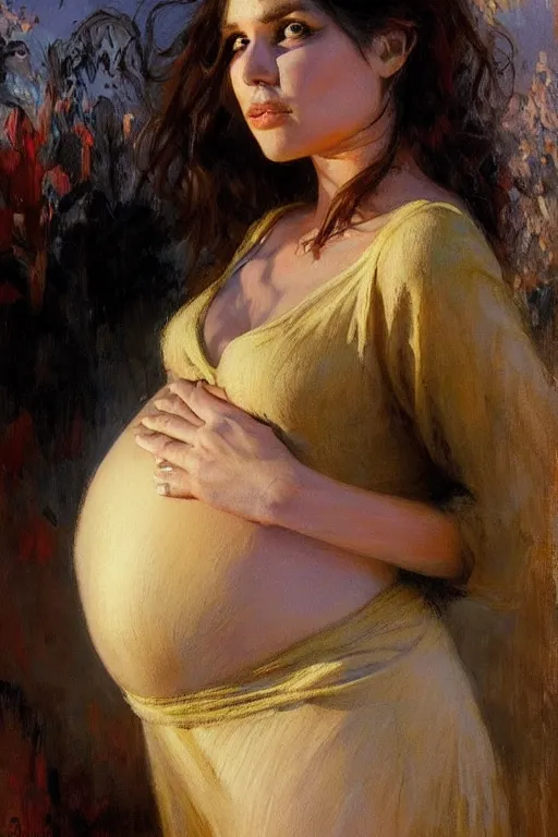 Image similar to pregnant woman in t-shirt by Gaston Bussiere. full-shot, urban dystopia, hyper realism, realistic proportions, dramatic lighting, high detail 4k