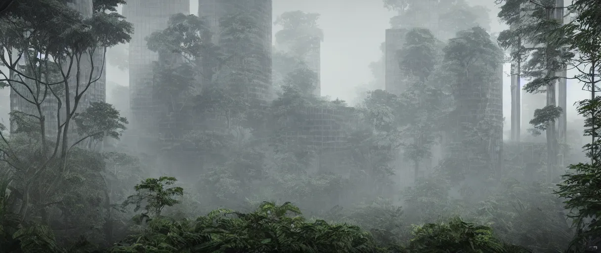 Image similar to brutalist architecture inspired by louis kahn deep in the rainforest. nature is taking over. matte painting by ivan laliashvili. unreal engine 5 render. mist. cinematic.