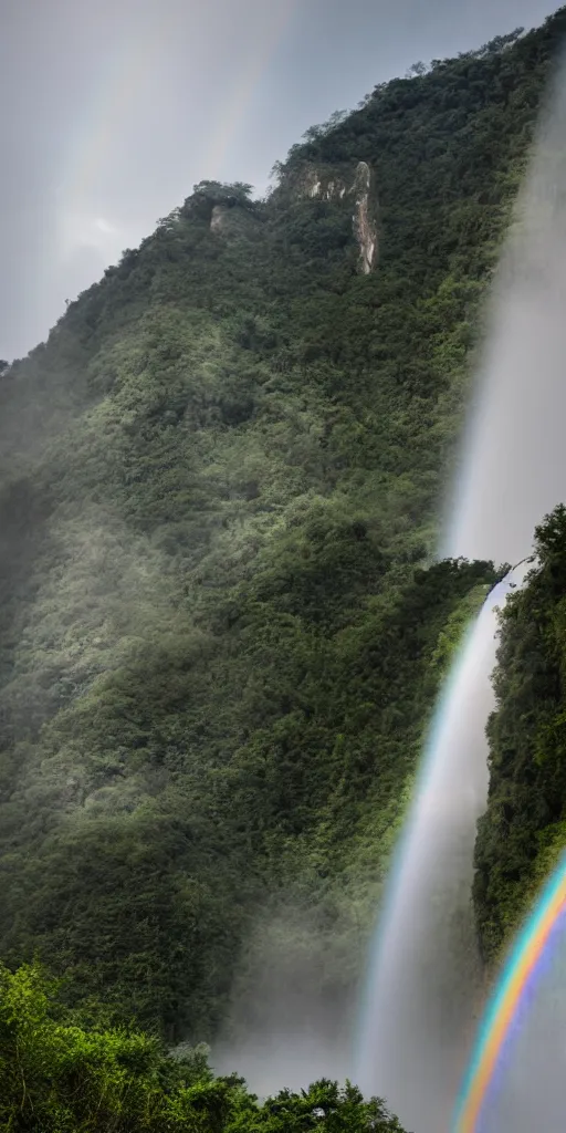 Image similar to A cloudy peak in southern China with one waterfall,one small rainbow in the middle of the waterfall. the style of National Geographic magazine