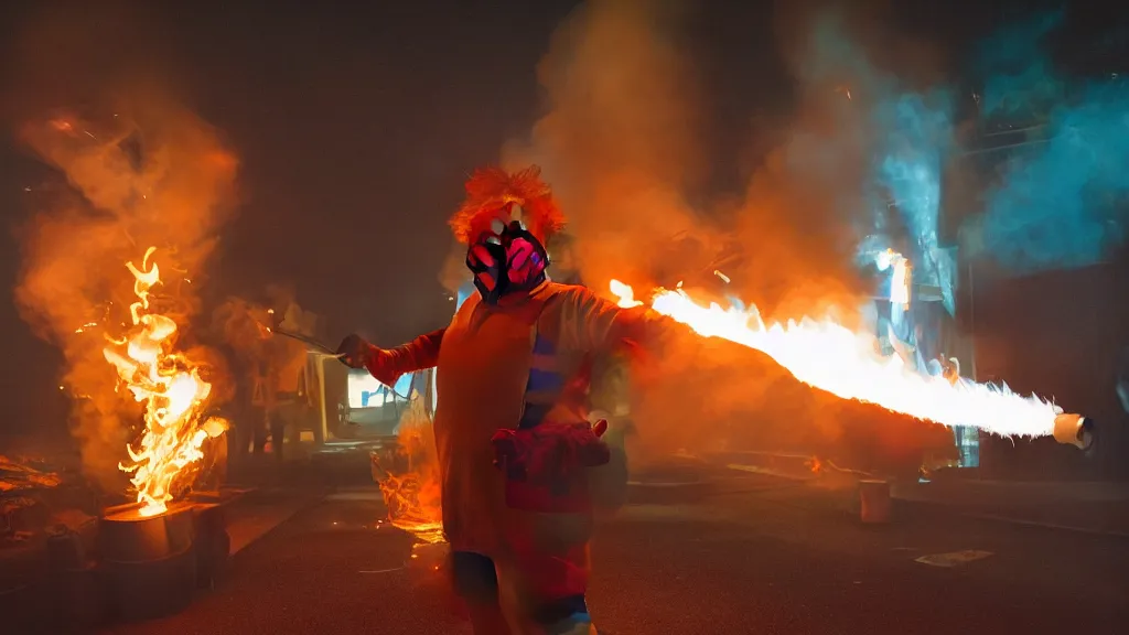 Image similar to photo of a clown using a flamethrower projecting a long bright flame towards a dumpster fire. award-winning, highly-detailed, 8K