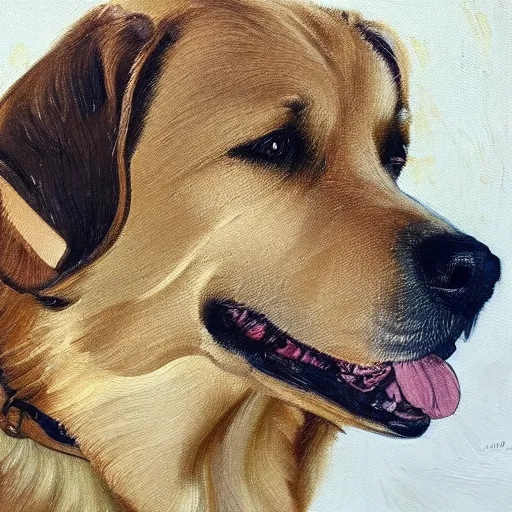 Prompt: loose oil painting of a smiling golden lab, hd, 8k