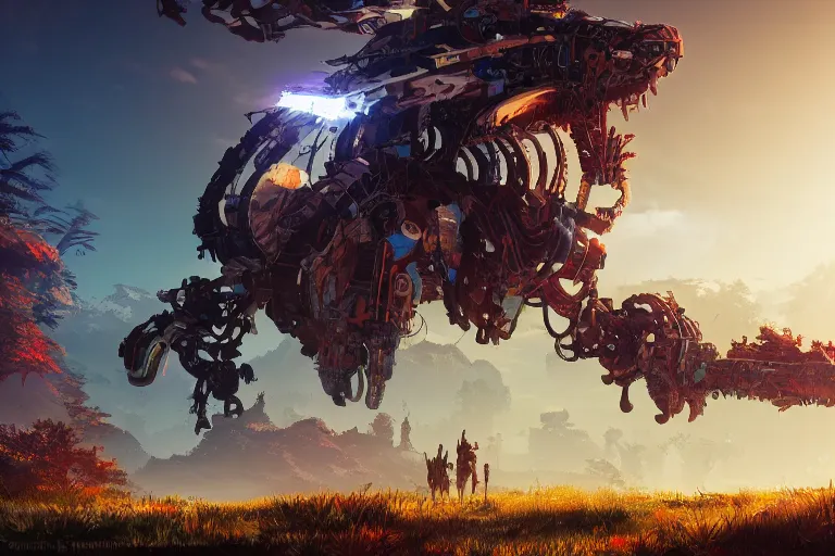 Image similar to bristleback machine mecanical creature robot of horizon forbidden west horizon zero dawn radiating a glowing aura global illumination ray tracing hdr fanart arstation by ian pesty and alena aenami artworks in 4 k