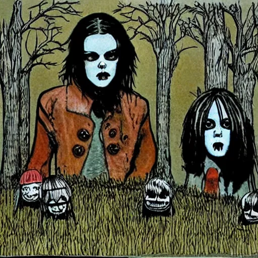 Prompt: midwich cuckoos wyndham. the children are emo goths. folk horror art style