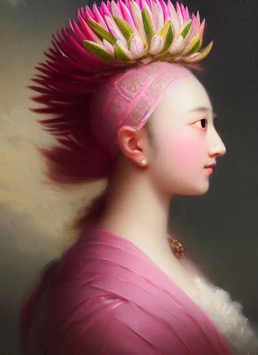 Image similar to stunning asian princess, detailed pink and white protea head peace against a black backdrop by ivan aivazovsky, wlop, oil painting, beautiful soft lighting, muted colours, artstation