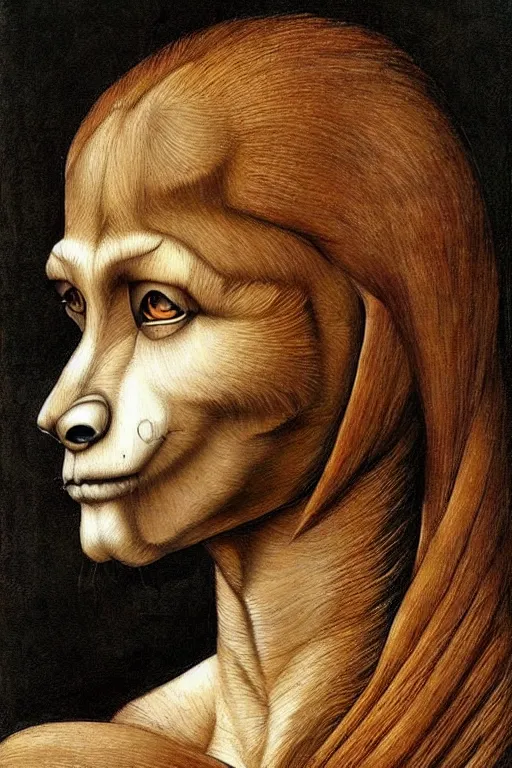 Prompt: Half human, half wolf, symetry, very detailed, painting in style of Leonardo Da Vinci