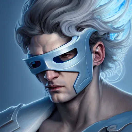 Prompt: cyclops fighter, white grey blue color palette, male, d & d, fantasy, intricate, elegant, highly detailed, long silver hair, digital painting, artstation, octane render, concept art, matte, sharp focus, illustration, hearthstone, art by artgerm, alphonse mucha johannes voss