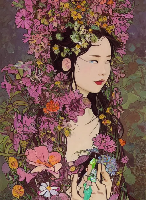 Image similar to !!! very coherent!!! oil painting, beautiful floralpunk iban cyborg portrait girl female illustration detailed patterns art of sarawak traditional dress, flower pop art, floral splash painting, art by ashley wood, alphonse mucha, makoto shinkai, geof darrow, dark shadow