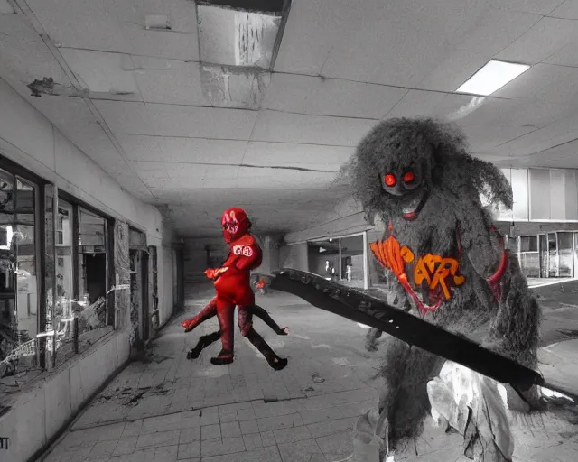 Image similar to camera footage of a extremely aggressive Vomiting Ronald McDonald with a knife and glowing white eyes, False Human Features, in an abandoned shopping mall, Psychic Mind flayer, Terrifying, Insane Ronald McDonald :7 , high exposure, dark, monochrome, camera, grainy, CCTV, security camera footage, timestamp, zoomed in, Feral, fish-eye lens, Fast, Radiation Mutated, Nightmare Fuel, Ancient Evil, No Escape, Motion Blur, horrifying, lunging at camera :4 bloody dead body, blood on floors, windows and walls :5