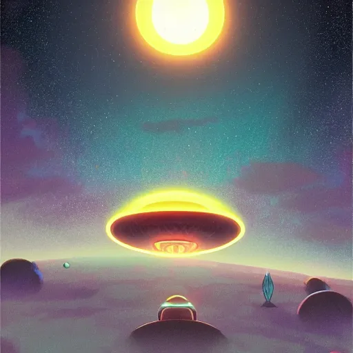 Image similar to glowing ufo inspired by René Laloux, Dan Mumford, Greg Rutkowski, stars, space cinematic