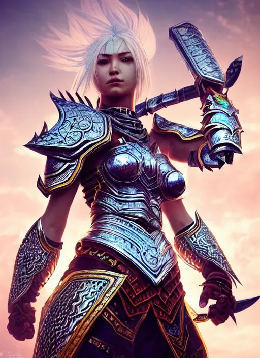 Image similar to warrior, intricate ornate opal heavy armor!!! beautiful and athletic white hair female!! monster hunter!! character concept art, sharp focus, octane render! unreal engine 5! highly rendered!! trending on artstation!! detailed linework!! illustration by artgerm, wlop, and chie yoshii